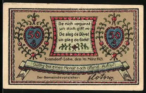 Notgeld Tonndorf-Lohe 1921, 50 Pfennig, Wandsefall, Haus am Wasser