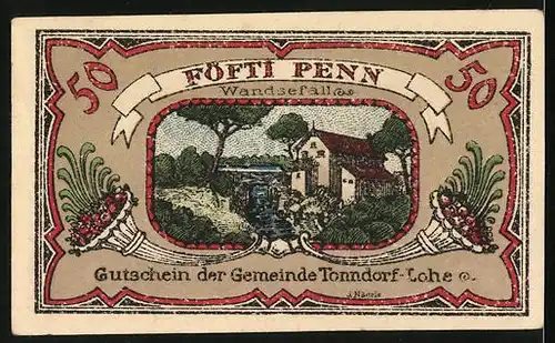 Notgeld Tonndorf-Lohe 1921, 50 Pfennig, Wandsefall, Haus am Wasser