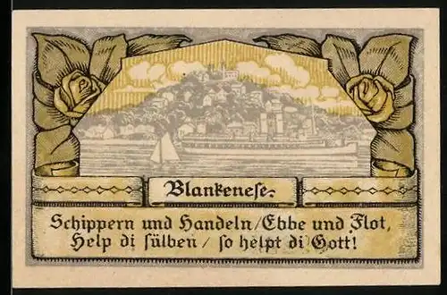 Notgeld Blankenese 1921, 20 Pfennig, Stadtansicht mit Segelboot u. Dampfer
