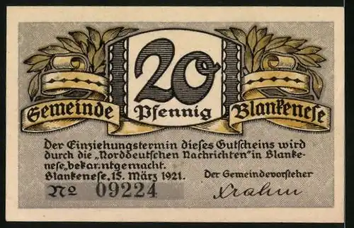 Notgeld Blankenese 1921, 20 Pfennig, Stadtansicht mit Segelboot u. Dampfer