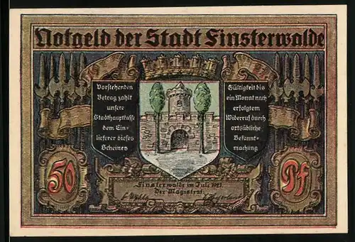 Notgeld Finsterwalde 1921, 50 Pfennig, Bürgermeister Kosswig gewinnt die Bürgerheide