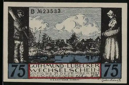 Notgeld Gothmund-Lübeck 1921, 75 Pfennig, Fischertypen aus Gothmung trinken Bier