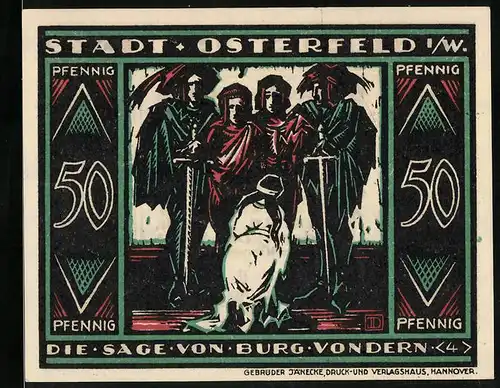 Notgeld Osterfeld i. W. 1921, 50 Pfennig, Die Sage von Burg Vondern, Männer mit Schwertern u. Jungfrau