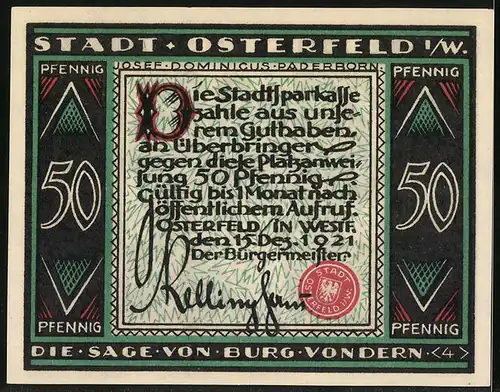 Notgeld Osterfeld i. W. 1921, 50 Pfennig, Die Sage von Burg Vondern, Männer mit Schwertern u. Jungfrau