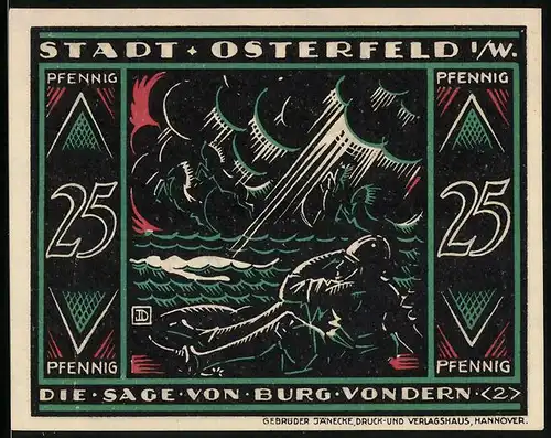 Notgeld Osterfeld i. W. 1921, 25 Pfennig, Die Sage v. Burg Vondern, Ritter sieht Pferde im Sturm auf See