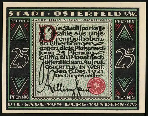 Notgeld Osterfeld i. W. 1921, 25 Pfennig, Die Sage v. Burg Vondern, Ritter sieht Pferde im Sturm auf See