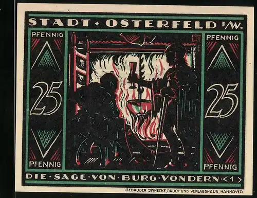 Notgeld Osterfeld i. W. 1921, 25 Pfennig, Die Sage v. Burg Vondern, Ritter rasten am Kamin