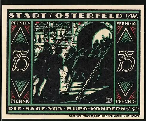 Notgeld Osterfeld i. W. 1921, 75 Pfennig, Die Sage v. Burg Vondern, Menschen stürmen über Zugbrücke