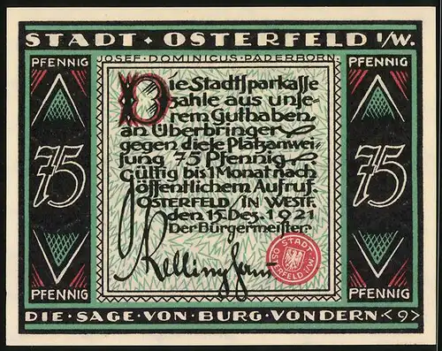 Notgeld Osterfeld i. W. 1921, 75 Pfennig, Die Sage v. Burg Vondern, Menschen stürmen über Zugbrücke