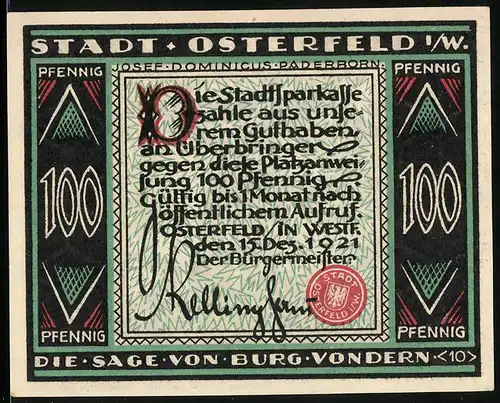 Notgeld Osterfeld i. W. 1921, 100 Pfennig, Die Sage v. Burg Vondern, Mönch trägt Holzbalken