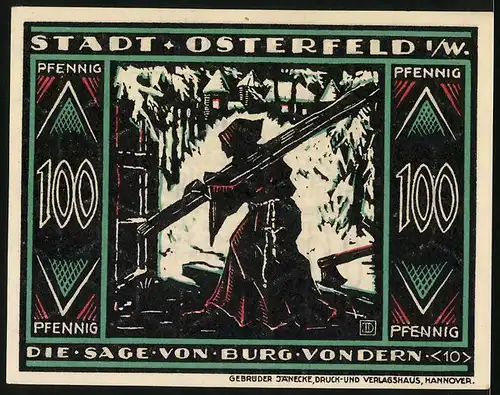 Notgeld Osterfeld i. W. 1921, 100 Pfennig, Die Sage v. Burg Vondern, Mönch trägt Holzbalken