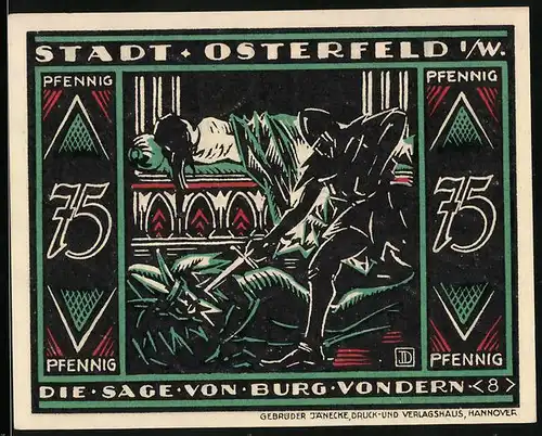 Notgeld Osterfeld i. W. 1921, 75 Pfennig, Die Sage v. Burg Vondern, Ritter ersticht Hofnarr