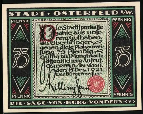 Notgeld Osterfeld i. W. 1921, 75 Pfennig, Die Sage v. Burg Vondern, Mann trägt Jungfrau auf Himmelstreppe