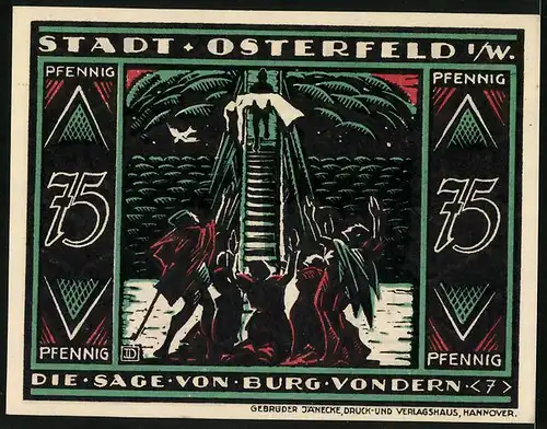 Notgeld Osterfeld i. W. 1921, 75 Pfennig, Die Sage v. Burg Vondern, Mann trägt Jungfrau auf Himmelstreppe