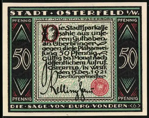 Notgeld Osterfeld i. W. 1921, 50 Pfennig, Die Sage v. Burg Vondern, Ritter mit Schwert bewachen ein Tor