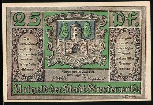 Notgeld Finsterwalde 1921, 25 Pfennig, Ritter u. Burgfräulein mit Brücke zur Burg