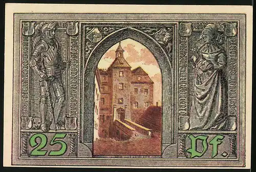 Notgeld Finsterwalde 1921, 25 Pfennig, Ritter u. Burgfräulein mit Brücke zur Burg