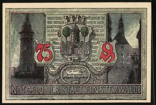 Notgeld Finsterwalde 1921, 75 Pfennig, Sänger v. Finsterwalde u. Stadtansichten