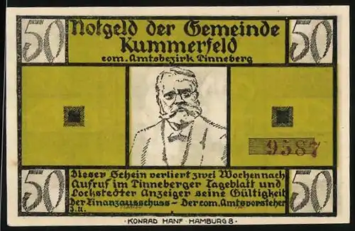 Notgeld Kummerfeld, 50 Pfennig, De Wett- Gedicht v. Fritz Reuter, Bäckermeister mit Gesellen
