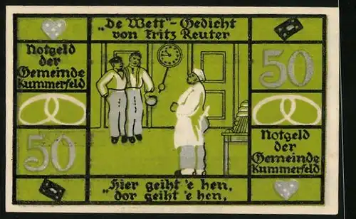 Notgeld Kummerfeld, 50 Pfennig, De Wett- Gedicht v. Fritz Reuter, Bäckermeister mit Gesellen