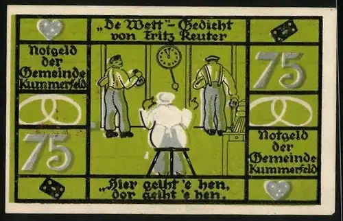 Notgeld Kummerfeld, 75 Pfennig, De Wett- Gedicht v. Fritz Reuter, Bäcker auf Stuhl