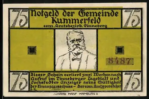 Notgeld Kummerfeld, 75 Pfennig, De Wett- Gedicht v. Fritz Reuter, Nachtruhe