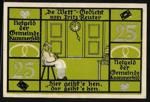 Notgeld Kummerfeld, 25 Pfennig, De Wett- Gedicht v. Fritz Reuter, Bäckermeister beim Nickerchen