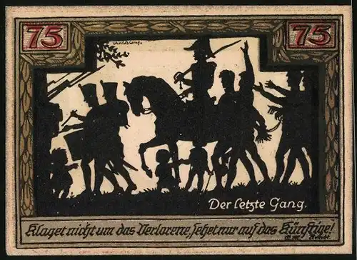 Notgeld Wesel 1921, 75 Pfennig, Wappen mit drei Wieseln, Scherenschnitt Der letzte Gang