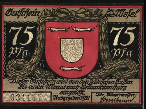 Notgeld Wesel 1921, 75 Pfennig, Stadtwappen mit Wieseln, Scherenschnitt Der letzte Gang