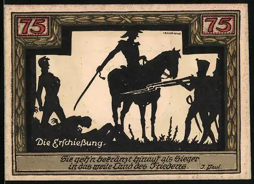 Notgeld Wesel 1921, 75 Pfennig, Wappen mit drei Wieseln, Scherenschnitt Die Erschiessung