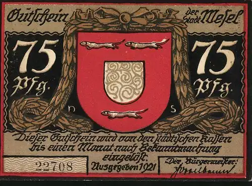 Notgeld Wesel 1921, 75 Pfennig, Wappen mit drei Wieseln, Scherenschnitt Die Erschiessung