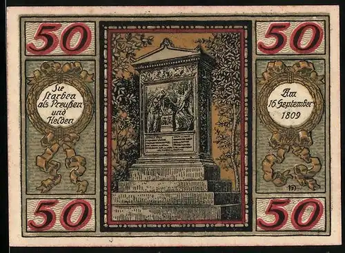 Notgeld Wesel 1921, 50 Pfennig, Wappen mit drei Wieseln, Denkmal