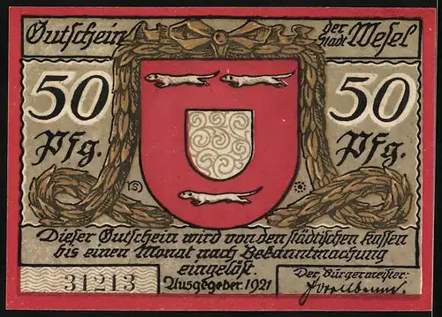 Notgeld Wesel 1921, 50 Pfennig, Wappen mit drei Wieseln, Denkmal