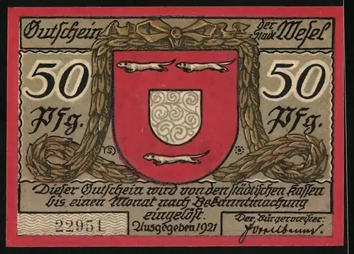 Notgeld Wesel 1921, 50 Pfennig, Wappen mit drei Wieseln, Hauptwache mit Eingang zur Schillkasematte