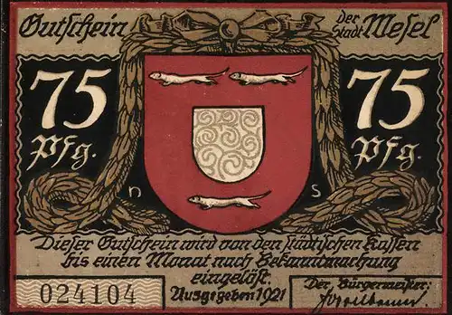 Notgeld Wesel 1921, 75 Pfennig, Wappen mit Wieseln, Scherenschnitt Die Erschiessung