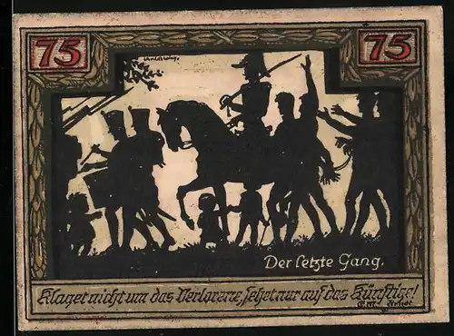 Notgeld Wesel 1921, 75 Pfennig, Wappen mit drei Wieseln, Scherenschnitt Der letzte Gang mit Soldaten