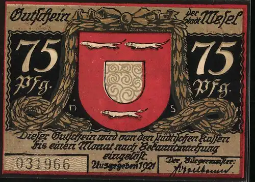 Notgeld Wesel 1921, 75 Pfennig, Wappen mit drei Wieseln, Scherenschnitt Der letzte Gang mit Soldaten
