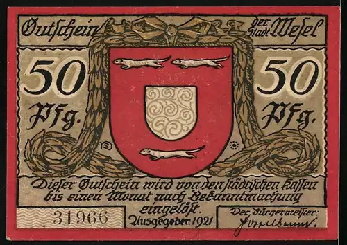 Notgeld Wesel 1921, 50 Pfennig, Wappen mit drei Wieseln, Denkmal mit Engel