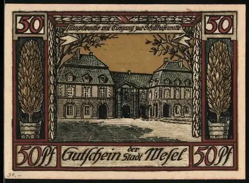 Notgeld Wesel 1921, 50 Pfennig, Stadtwappen mit Wieseln, Hauptwache u. Eingang zur Schillkasematte