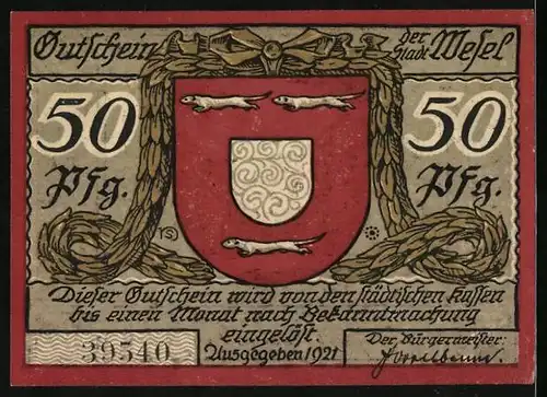 Notgeld Wesel 1921, 50 Pfennig, Stadtwappen mit Wieseln, Hauptwache u. Eingang zur Schillkasematte