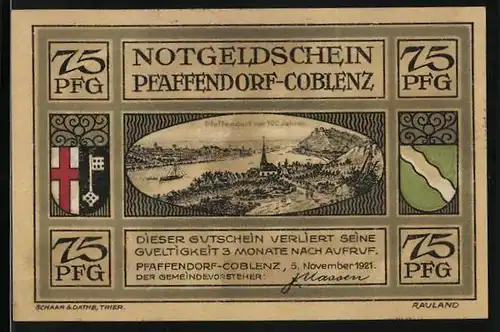 Notgeld Pfaffendorf-Coblenz 1921, 75 Pfennig, Handschlag am Rhein, Ortsansicht