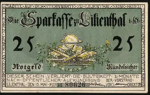 Notgeld Lilienthal i. N. 1921, 25 Pfennig, Johann Hieronymus Schroeter, Ober Amtmann zu Lilienthal