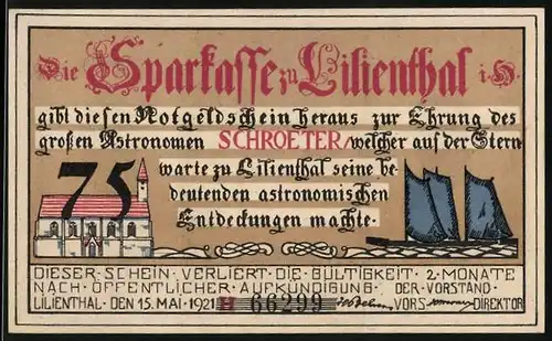 Notgeld Lilienthal i. N. 1921, 75 Pfennig, Johann Hieronymus Schroeter, Schiff u. Kirche