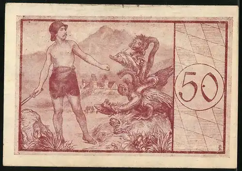 Notgeld Füssen, 50 Pfennig, Kampf mit der Hydra, Wappen