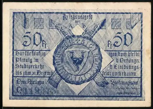 Notgeld Füssen, 50 Pfennig, Soldat mit Helm bekämpft Hydra, Wappen