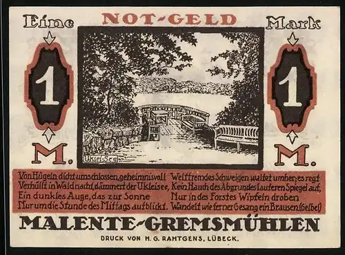 Notgeld Malente-Gremsmühlen 1920, 1 Mark, Uklei-See, Voss`Luise Das rosenwangige Mägdelein