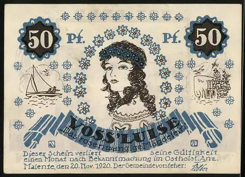 Notgeld Malente-Gremsmühlen 1920, 50 Pfennig, Dieksee, Voss`Luise Das rosenwangige Mägdelein