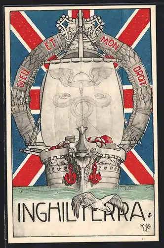 Künstler-AK Inghilterra - Wikingerschiff vor britischer Fahne