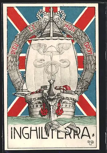 AK Inghilterra, Kriegsschiff der Royal Navy, britische Fahne Union-Jack