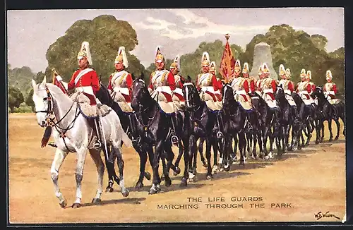 AK The Life Guards marching through the park, Britische Soldaten in Uniform zu Pferde